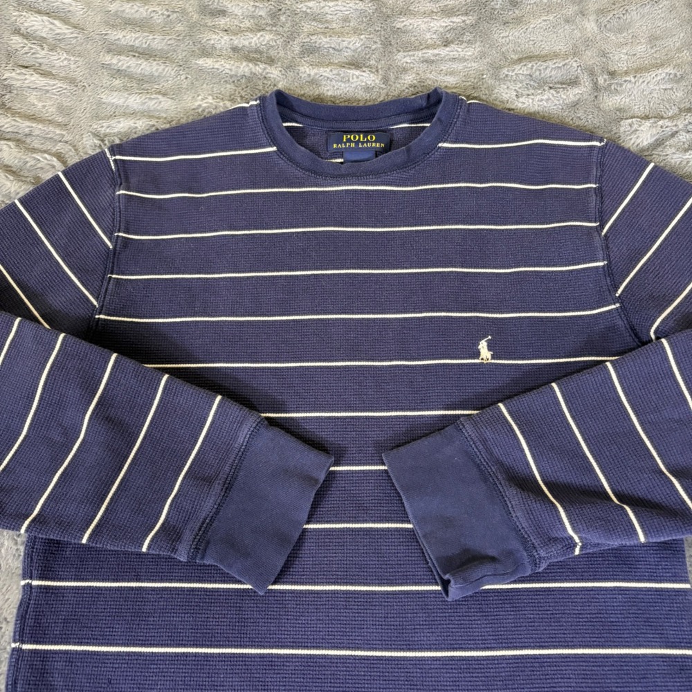 Polo Ralph Lauren Mens Navy Blue Striped Waffle Knit Thermal Shirt M AR708